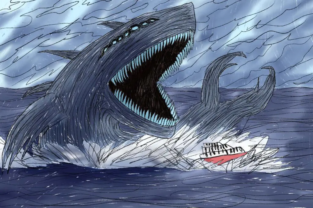Hungry, monster shark attacking a boat
