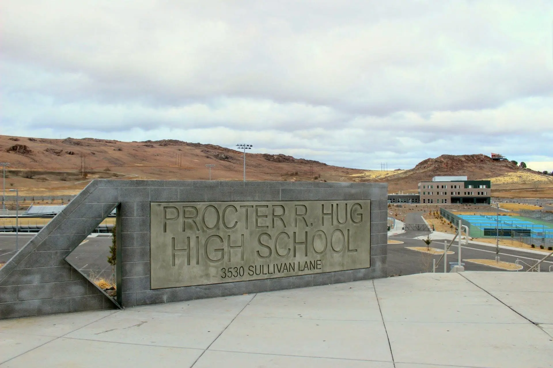 Hug High School sign and grounds