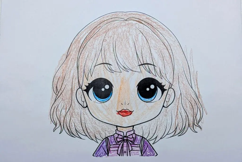Cute little girl coloring page by Sophia R., age 8.