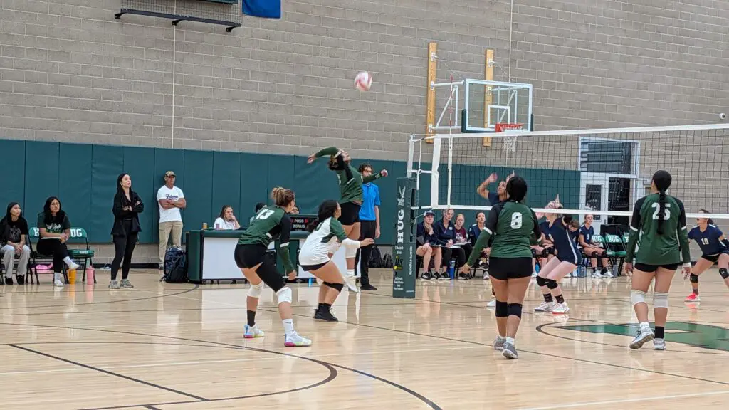 Senior Ana Garcia goes vertical to spike the ball over the net.