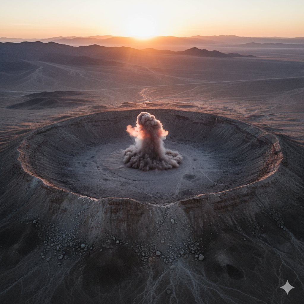 An overhead view of the enormous, newly formed crater, with a massive plume of dust still rising into the twilight sky. The ground below shows deep fissures and recent displacement.
