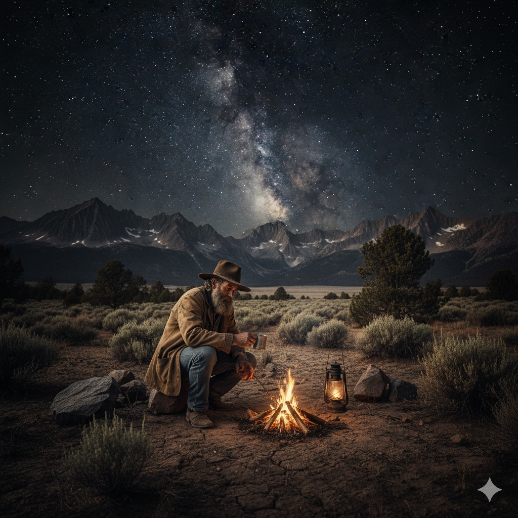 Jedediah Stone, a grizzled prospector, tending to his lonely campfire under the vast, star-dusted sky of the Silver Peak Plateau in 1908.