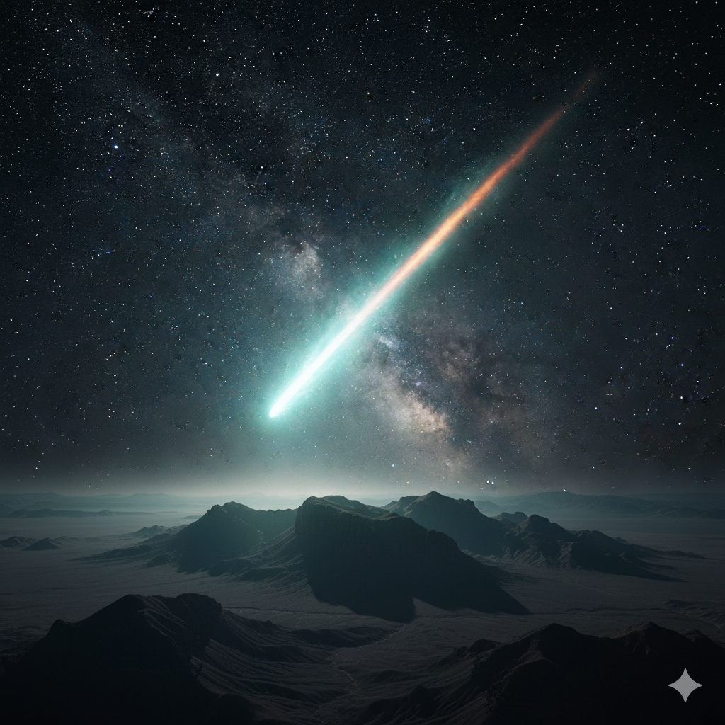 A brilliant, emerald-white streak of fire ripping across the night sky, descending rapidly towards the mountainous plateau.