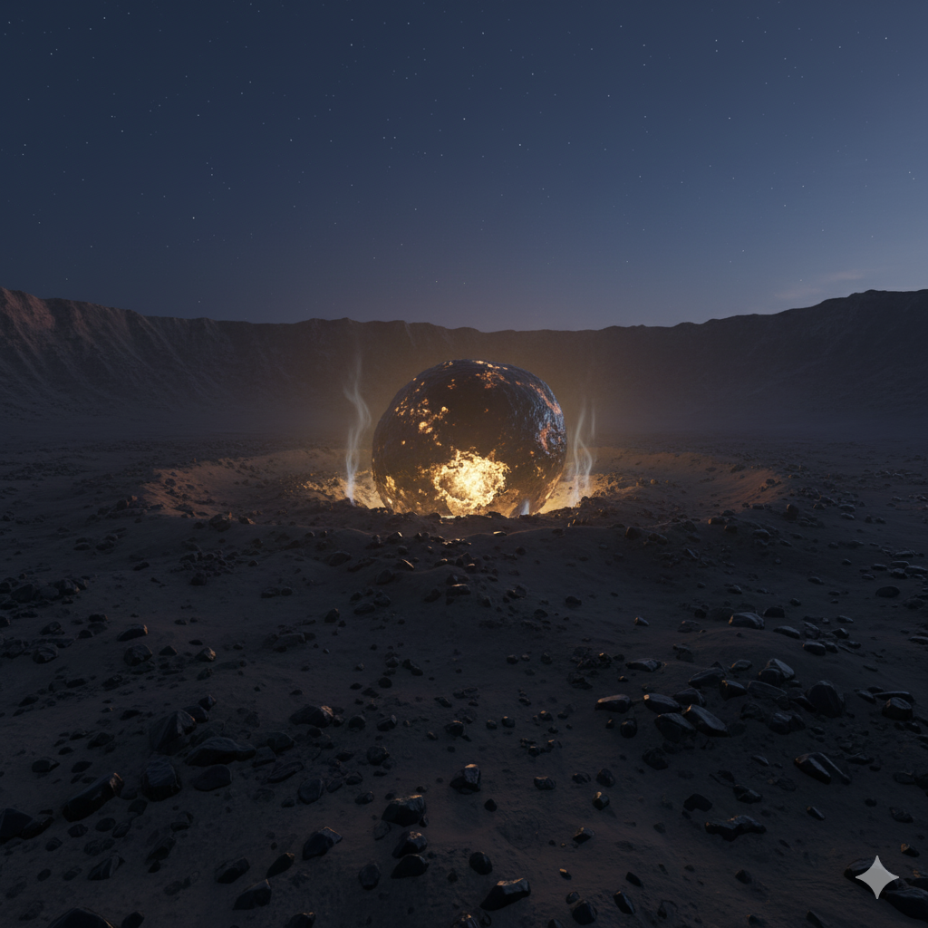 The large, coppery-black meteorite (The Sunstone) partially buried in the center of the desert crater, radiating a deep, golden luminescence, in 1908.