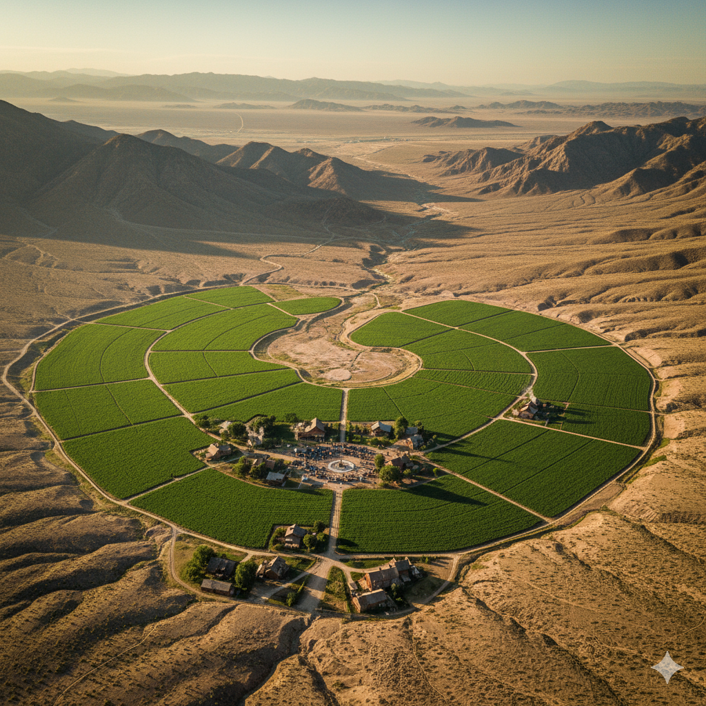 A thriving, green Sun Valley, Nevada, in the 1930s, showing agricultural fields, small farmhouses, and a community well in a crescent-shaped valley, contrasted with the surrounding arid mountains.