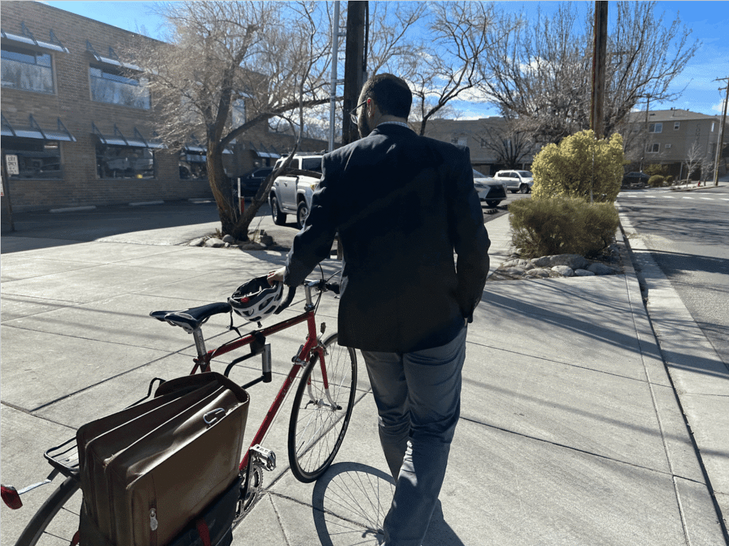 Immigration Lawyer Kyle Edgerton on his way to work. Photo by Alex Couraud / Sierra Nevada Ally