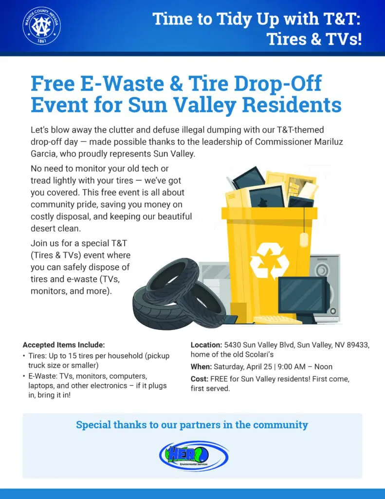 2026 Tires & TVs free disposal event in Sun Valley, NV.