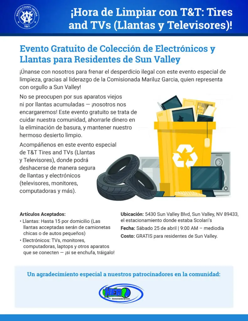 2026 Tires & TVs free disposal event in Sun Valley, NV (Spanish).