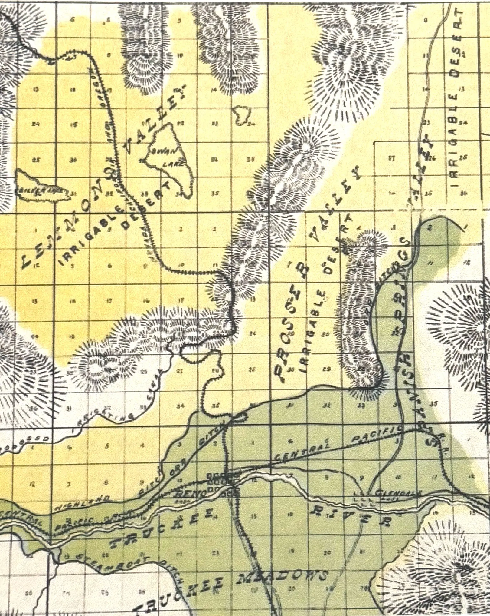 Historical map section showing Prosser Valley next to Lemmon Valley (also known as Lemons Valley) and Spanish Springs Valley, just north of Reno, Glendale (Sparks), and the Truckee Meadows. Map circa 1880s, provided by historian Gary Moore.
