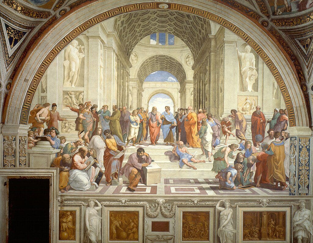 "The School of Athens" by Raffaello Sanzio da Urbino (Raphael), Public domain, via Wikimedia Commons.