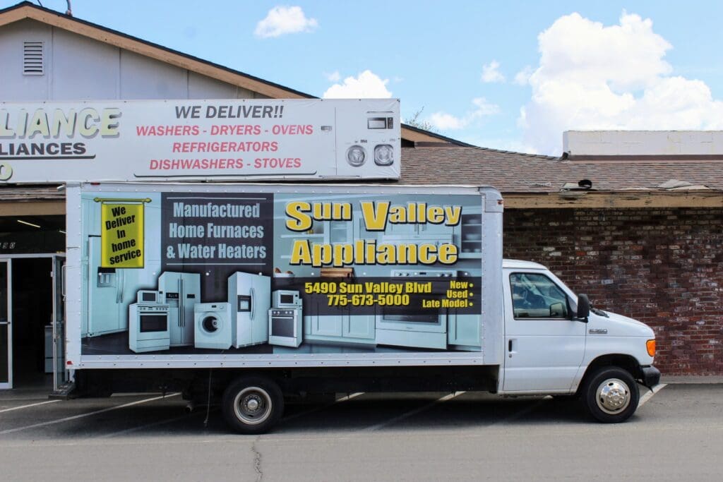 Close-up view of the Sun Valley Appliance Center delivery truck