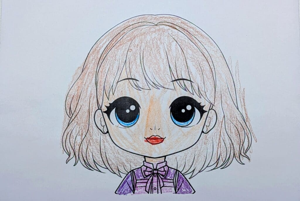 Cute little girl coloring page by Sophia R., age 8.