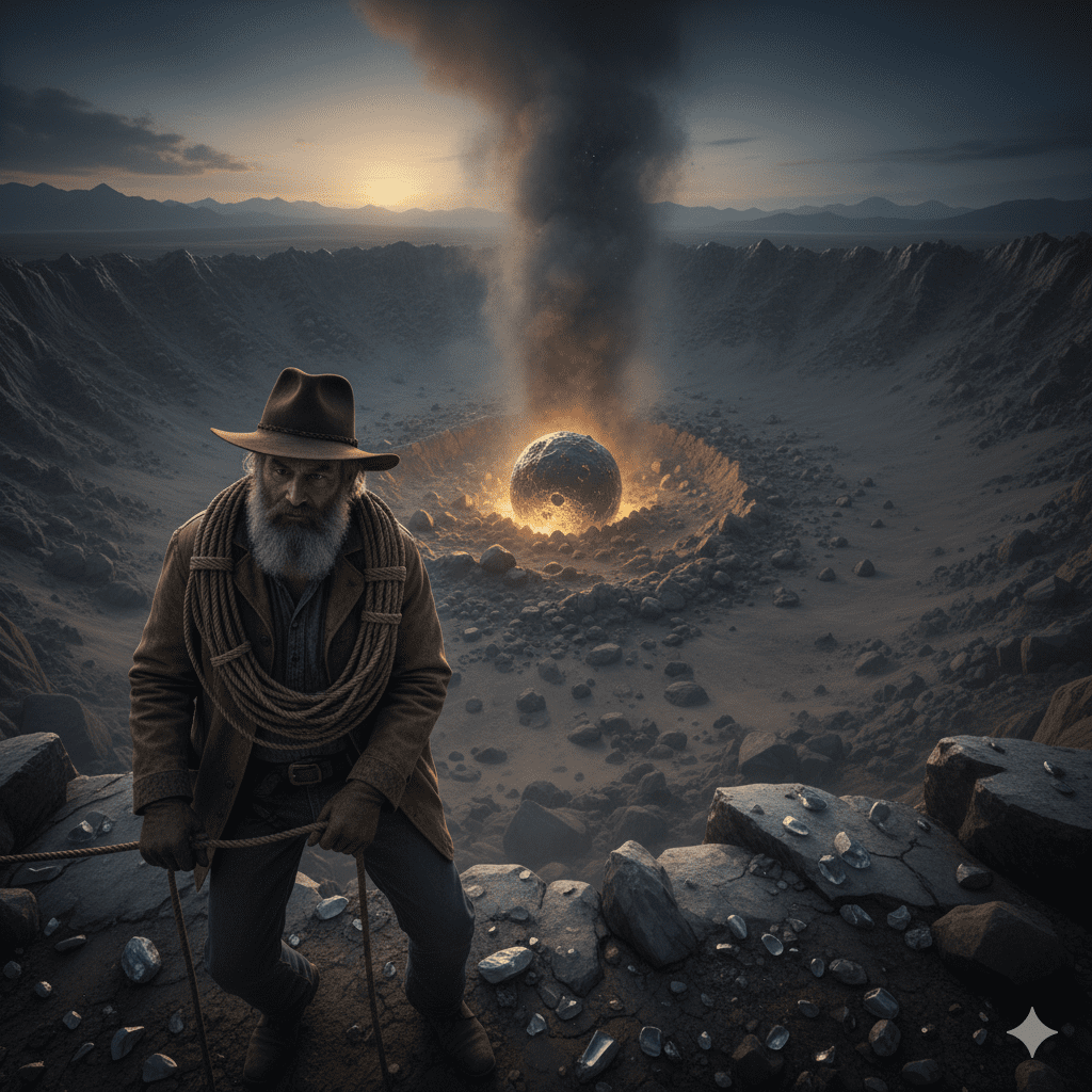 Jedediah Stone, carefully descending into the newly-formed valley using ropes on the treacherous, freshly-fractured rock face.