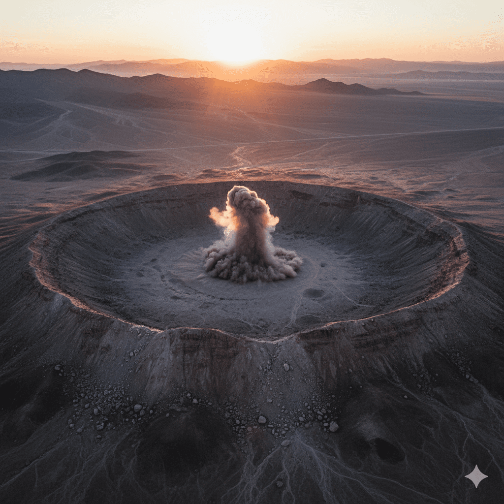 An overhead view of the enormous, newly formed crater, with a massive plume of dust still rising into the twilight sky. The ground below shows deep fissures and recent displacement.