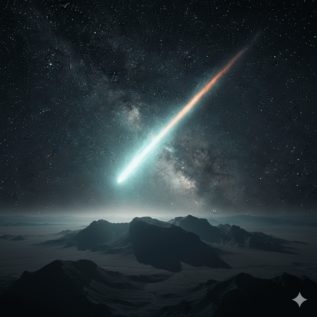 A brilliant, emerald-white streak of fire ripping across the night sky, descending rapidly towards the mountainous plateau.