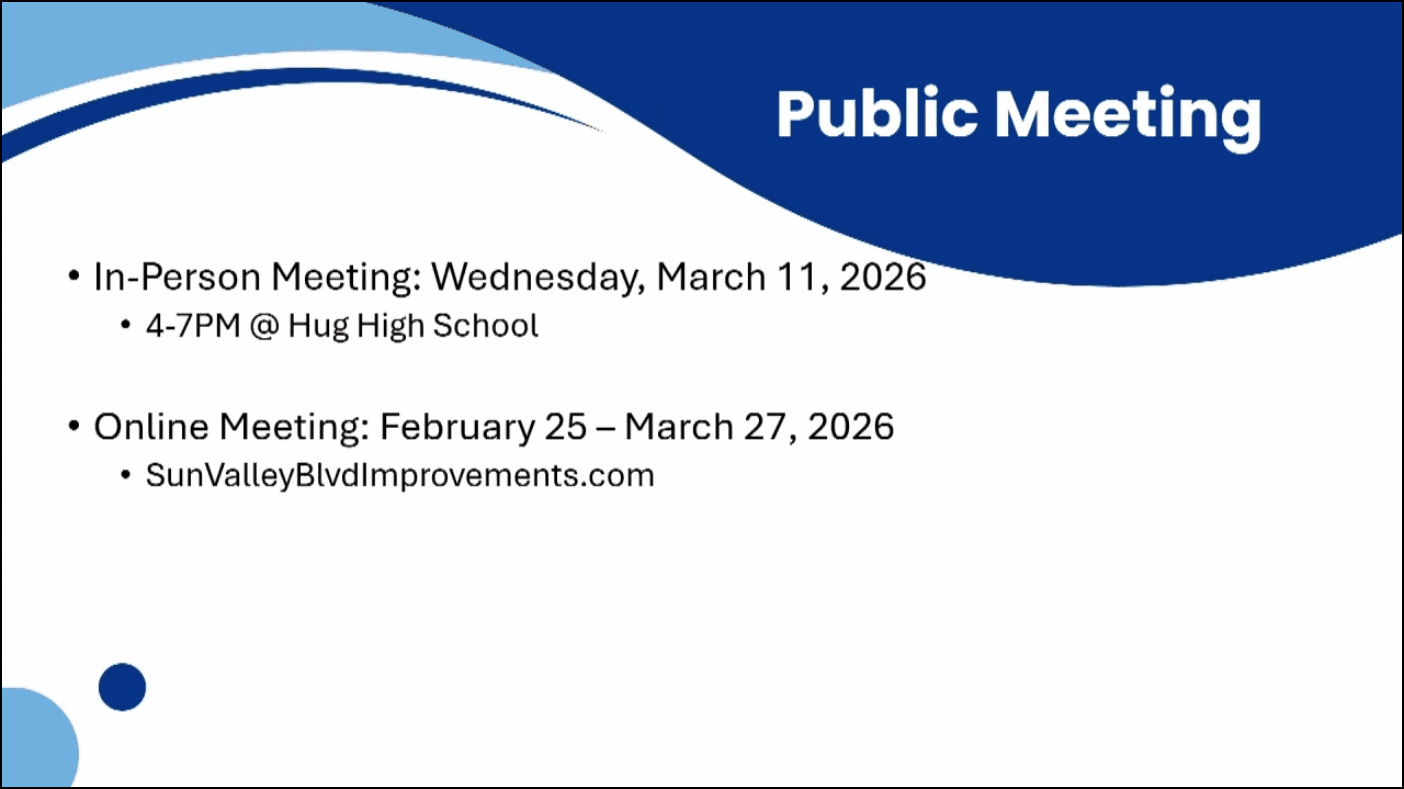 RTC public meeting notice for the Sun Valley Blvd Corridor Improvement Project (Phase 2) in March 2026.