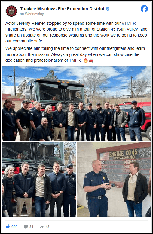 Facebook embed for Jeremy Renner Sun Valley visit