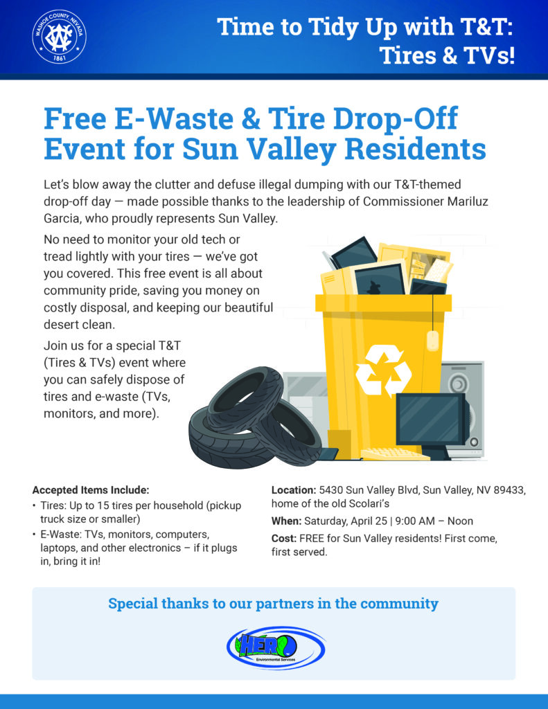 2026 Tires & TVs free disposal event in Sun Valley, NV.