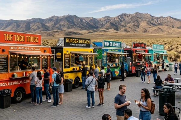 AI-generated image of a row of yummy food trucks in Northern Nevada