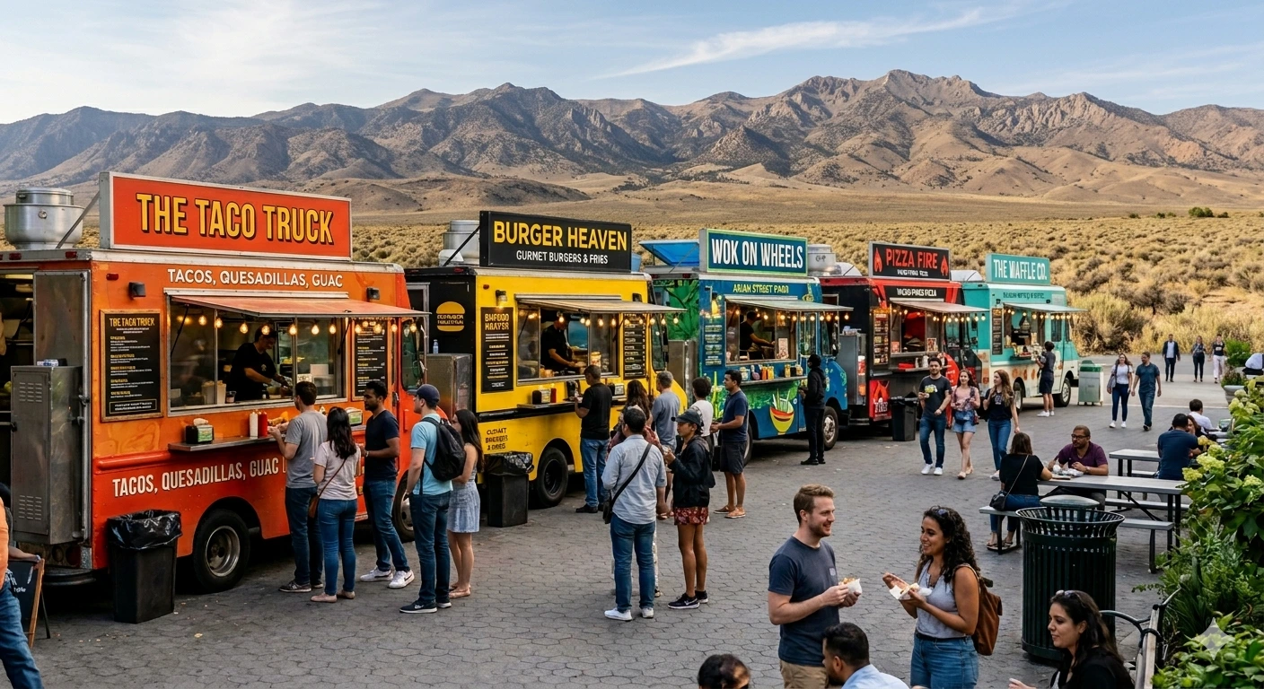 AI-generated image of a row of yummy food trucks in Northern Nevada