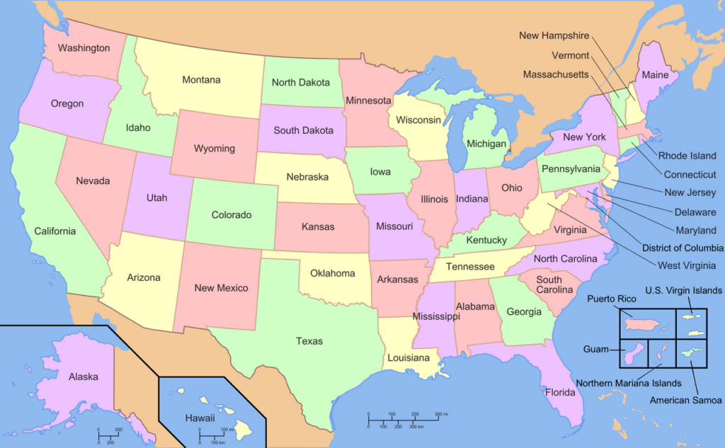 Map of USA with state and territory names