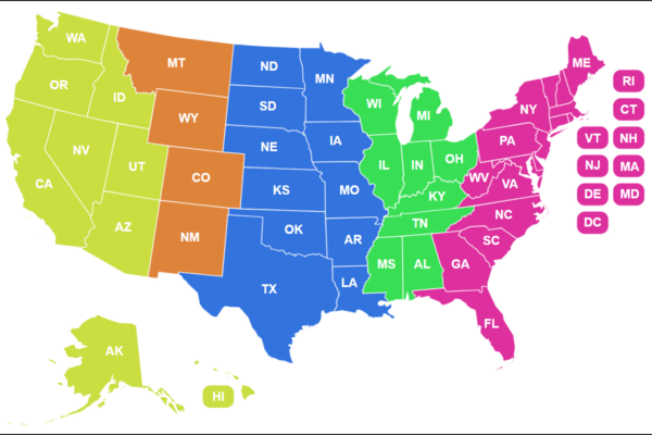 Map of the United States, broken up by region.
