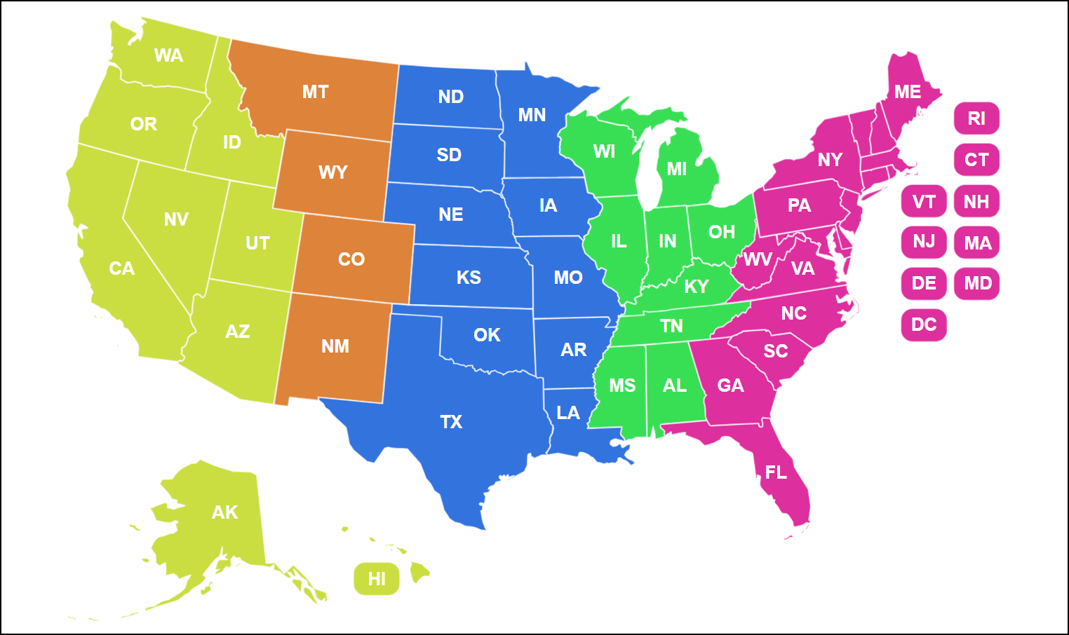 Map of the United States, broken up by region.