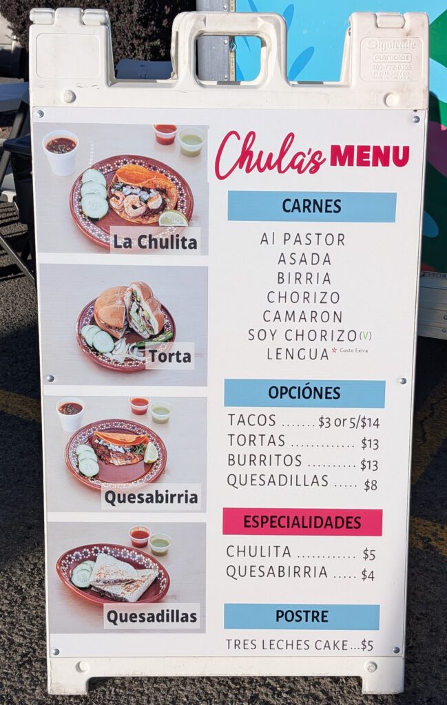 The menu for Chula's Tacos Truck, in Sun Valley, NV