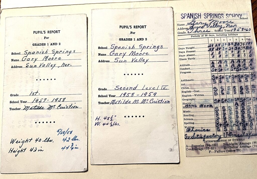 Historian Gary Moore's original report cards from the late 1950s in Sun Valley, NV.