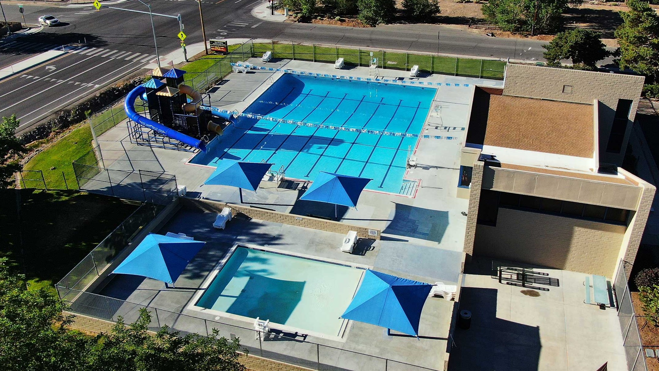 Aerial view of the Sun Valley Robert & Norma Fink Pool Complex in Sun Valley, Nevada.