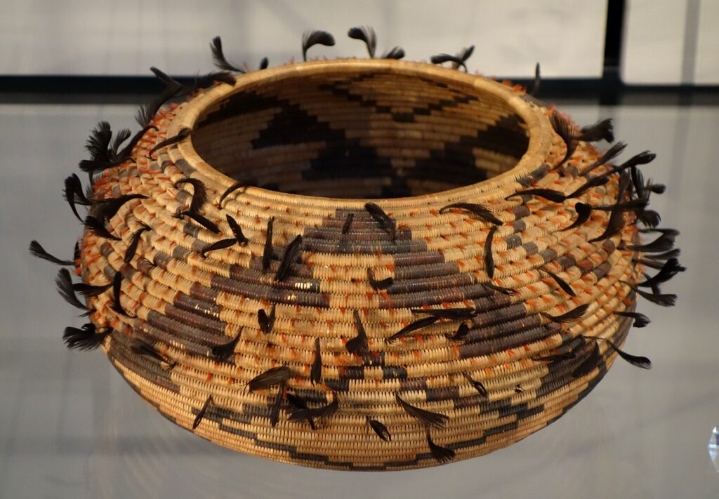 Basket, Pomo people, Northwestern California, c. 1900, willow, sedge, bulrush roots, glass beads, quail feathers - Chazen Museum of Art.