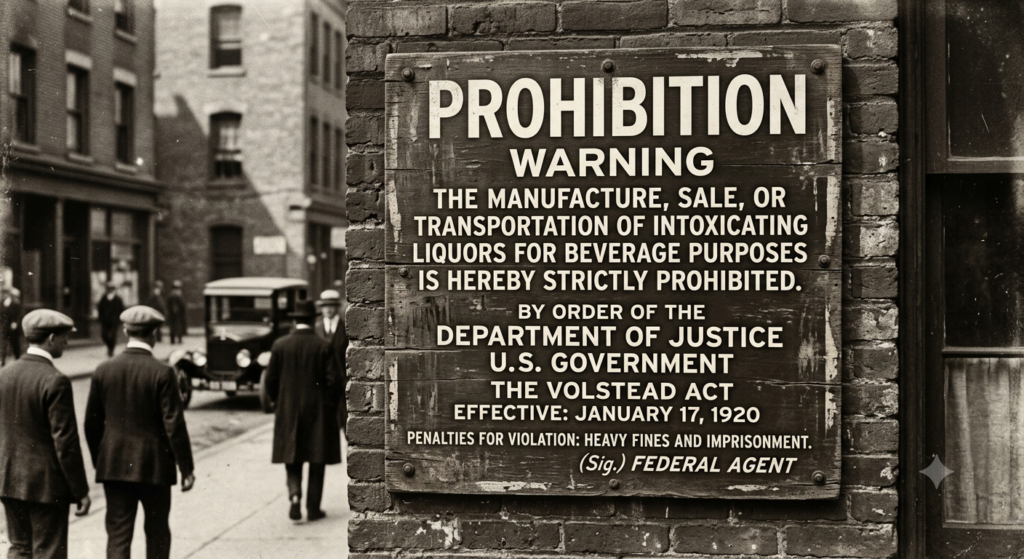 AI-generated image depicting what 1920s-era Prohibition signage may have resembled. The Volstead Act was real, however, and did take effect on January 17, 1920, as stated.