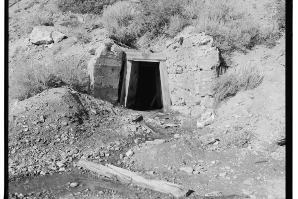 VIEW OF THE ENTRANCE TO THE HATCH ADIT (FEATURE B-28), FACING WEST. (OCTOBER, 1995) - Nevada Lucky Tiger Mill and Mine, Hatch Adit, East slope of Buckskin Mountain, Paradise Valley, Humboldt County, NV