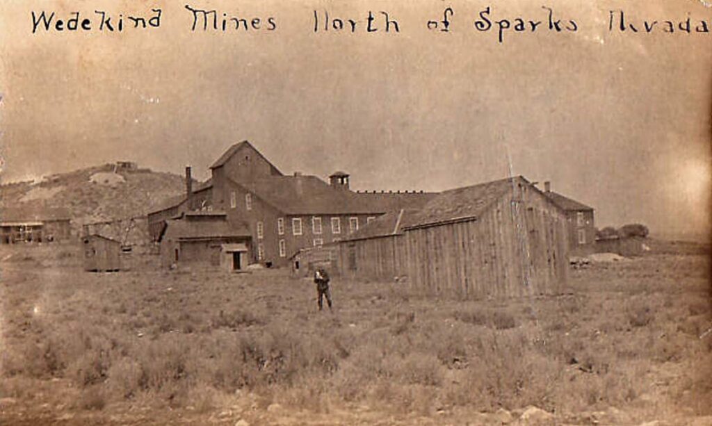 Wedekind Mines (1907 or earlier), north of Sparks, Nevada. Old postcard mailed in 1907. "This image has been released to the public domain and may be used freely."