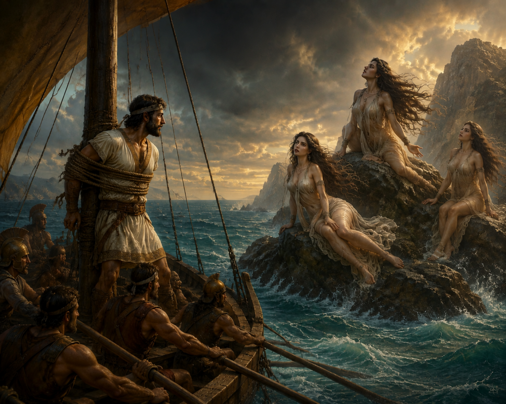 Odysseus, tied to the mast, tempted by the Sirens' song, while his crew rows on. (Image generated by ChatGPT.)