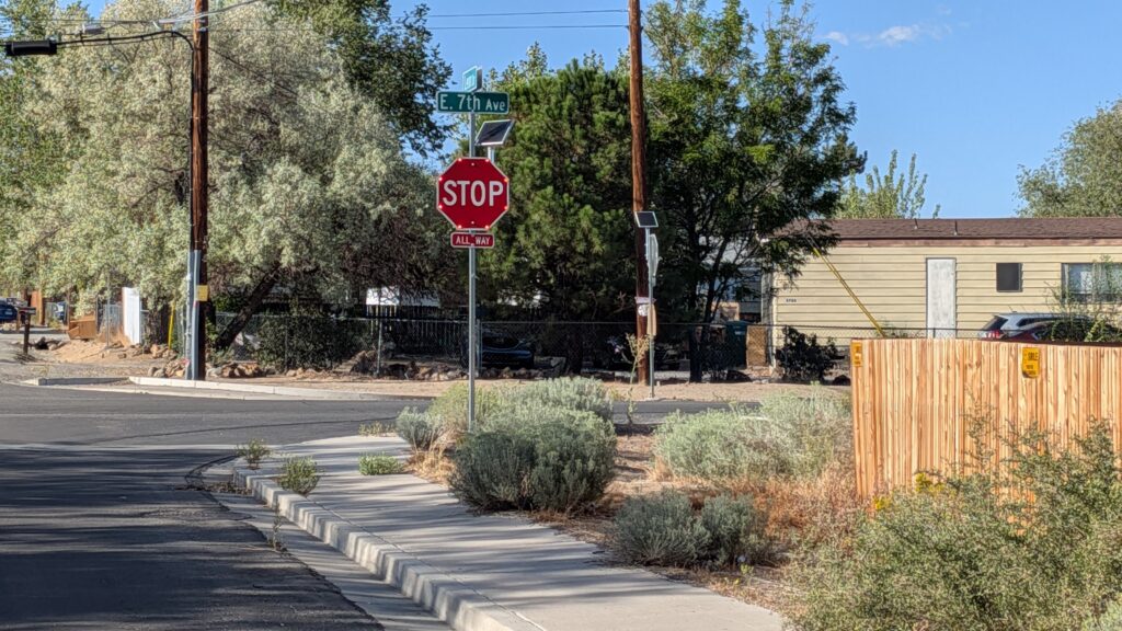 The new 4-way stop at the corner of E 7th Ave and Leon Dr in Sun Valley, NV.