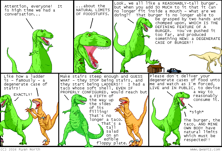 Degenerate cases. "i can always tell when i'm looking at a line segment that's ACTUALLY a degenerate case of triangle, so don't think you can slip these unreasonably-tall burgers past ME" Courtesy of Dinosaur Comics.