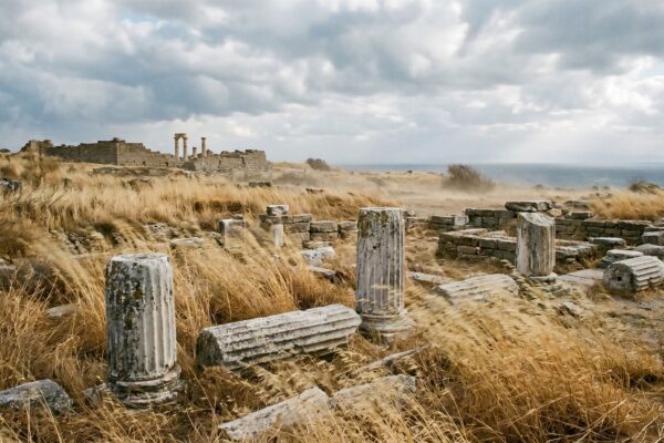 Explore the ancient ruins of Troya, with majestic columns and a dramatic cloudy sky. Photo by tolga çelik from Pexels: https://www.pexels.com/photo/ancient-ruins-of-troya-with-dramatic-sky-37693233/