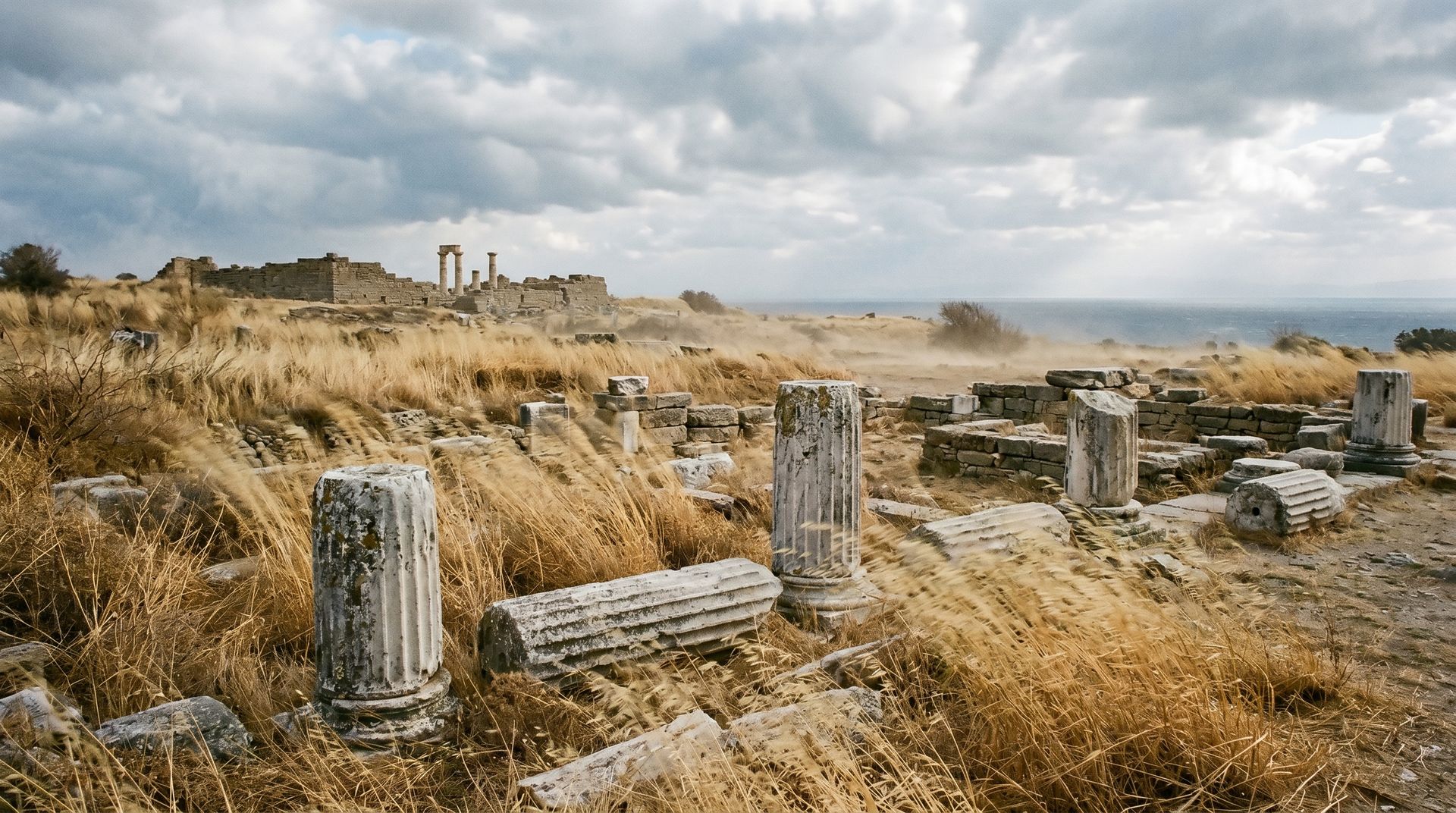 Explore the ancient ruins of Troya, with majestic columns and a dramatic cloudy sky. Photo by tolga çelik from Pexels: https://www.pexels.com/photo/ancient-ruins-of-troya-with-dramatic-sky-37693233/