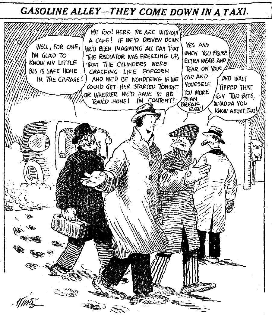 They Come Down in a Taxi. Gasoline Alley (1920) is in the public domain.